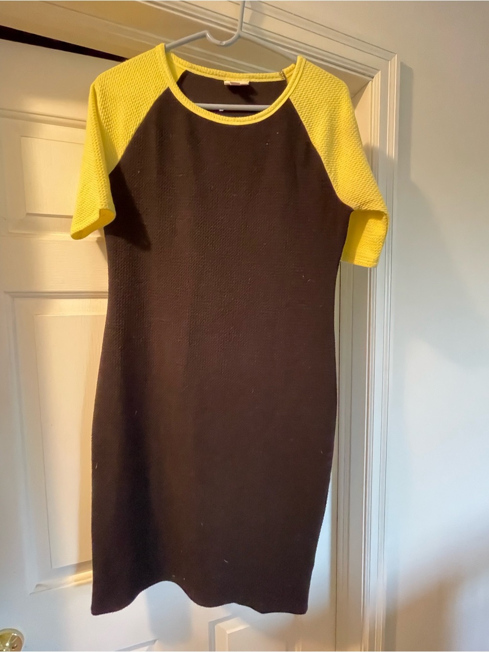 LuLaRoe Black Dress with Bright Yellow Raglan Sleeves